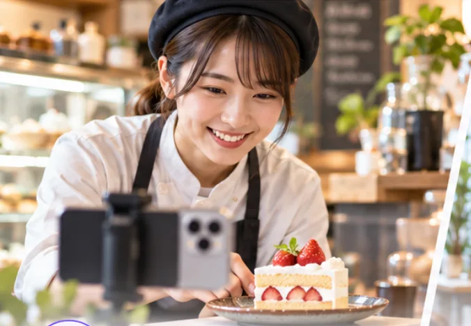 ケーキをスマホで撮影するカフェのスタッフ